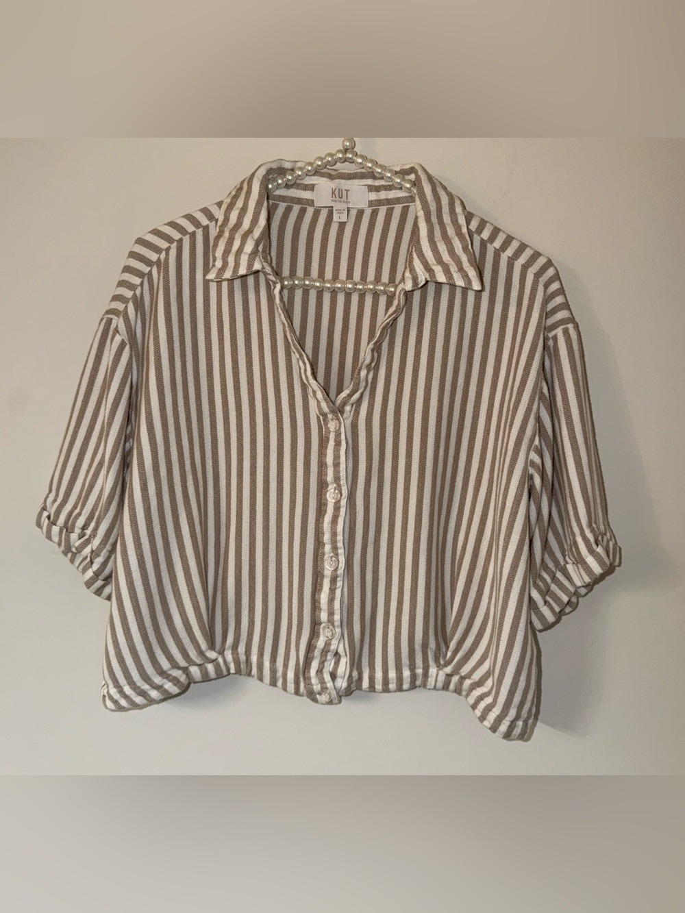 KUT from the Kloth Donna Striped Top Size Large Ivory Taupe Linen Blend - Picture 2 of 11